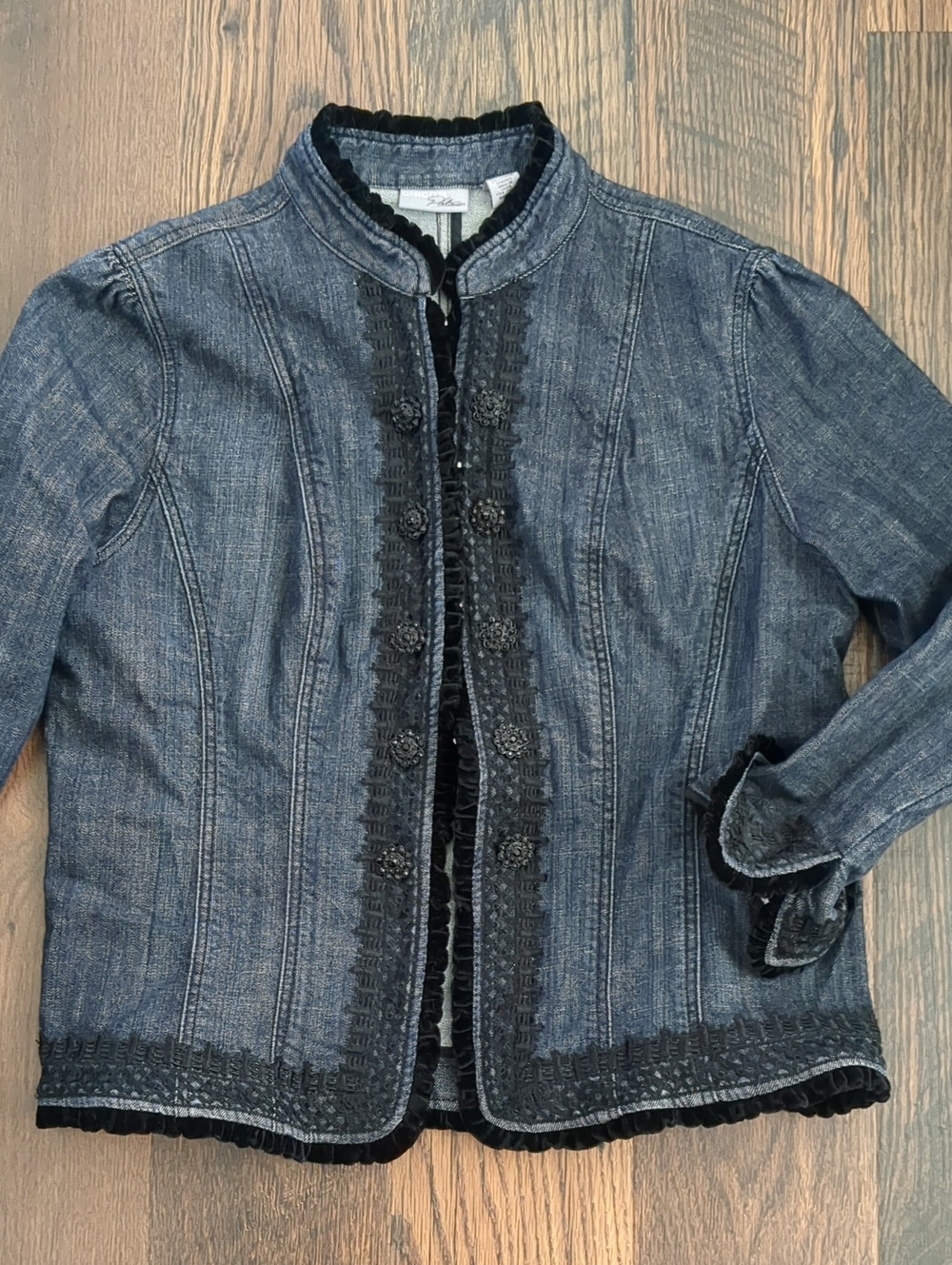 Chico's Platinum Black Lace Sparkly Dressy Blue Jean Jacket, Size 3 (16-18)